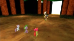 Size: 1024x575 | Tagged: safe, artist:undeadponysoldier, apple bloom, discord, spike, sweetie belle, draconequus, dragon, earth pony, pony, unicorn, 3d, battle, boss battle, bow, crossover, female, filly, foal, forest maze, gmod, hair bow, male, rpg, super mario rpg, teamwork, tree, video game, video game crossover