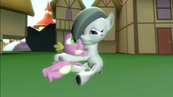Size: 1024x575 | Tagged: safe, artist:undeadponysoldier, marble pie, spike, dragon, earth pony, pony, 3d, crack shipping, cute, daaaaaaaaaaaw, female, gmod, grin, happy, house, hug, marblebetes, marblespike, mare, ponyville, shipping, sitting, snuggling, spikelove