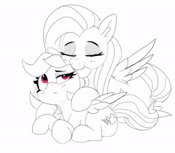 Size: 3340x2921 | Tagged: safe, artist:pabbley, derpibooru import, fluttershy, rainbow dash, pegasus, pony, :t, biting, black and white, cuddling, duo, ear bite, ear fluff, ears, eyes closed, female, flutterdash, grayscale, lesbian, lidded eyes, looking up, lying down, mare, monochrome, neo noir, nibbling, partial color, prone, shipping, simple background, smiling, smoldash, white background