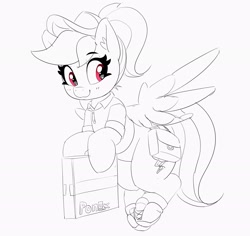 Size: 3000x2827 | Tagged: safe, artist:pabbley, derpibooru import, rainbow dash, pegasus, pony, unicorn, alternate hairstyle, bag, black and white, cap, clothes, delivery pony, ear fluff, ears, female, flying, grayscale, hat, holding, hoof hold, mare, monochrome, neo noir, package, partial color, ponytail, saddle bag, shoes, simple background, smiling, sneakers, solo, spread wings, uniform, white background