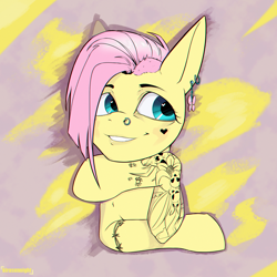 Size: 2000x2000 | Tagged: safe, artist:kirasunnight, derpibooru import, fluttershy, pegasus, pony, alternate hairstyle, ear piercing, earring, female, grin, jewelry, mare, nose piercing, nose ring, piercing, raised hoof, raised leg, smiling, solo, tattoo