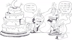 Size: 1953x1082 | Tagged: safe, artist:nauyaco, derpibooru import, princess celestia, princess luna, alicorn, pony, cake, cakelestia, celery, dialogue, food, levitation, lidded eyes, magic, taunting, telekinesis, unamused