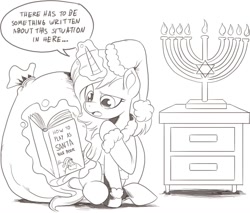 Size: 1102x939 | Tagged: safe, artist:nauyaco, derpibooru import, pony, unicorn, book, candle, christmas, confused, dialogue, hanukkah, hat, holiday, levitation, magic, menorah, sack, santa hat, solo, telekinesis