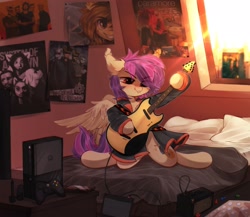 Size: 2191x1900 | Tagged: safe, artist:astralblues, derpibooru import, oc, oc only, pegasus, pony, amp, amplifier, bed, chest fluff, clothes, commission, electric guitar, eye clipping through hair, guitar, jacket, lip bite, musical instrument, poster, smiling, solo, window, xbox
