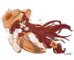 Size: 2980x2412 | Tagged: safe, artist:xi wen, derpibooru import, oc, oc only, oc:和弦, pegasus, pony, chest fluff, flower, flower in tail, flying, hat, smiling, solo, tail