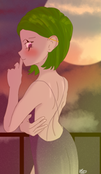 Size: 1163x2000 | Tagged: safe, artist:ukedideka, derpibooru import, oc, oc:quizzical aphre, human, ass, backless, backless dress, balcony, blushing, butt, clothes, cloud, cloudy, ear piercing, female, humanized, looking back, moon, piercing, smiling, solo