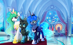 Size: 4000x2480 | Tagged: safe, artist:dormin-dim, derpibooru import, princess celestia, princess luna, oc, oc:tarsi, alicorn, changeling, pony, changeling oc, commission, glasses, jewelry, regalia, throne room, ych result