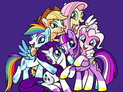 Size: 4000x3000 | Tagged: safe, artist:incendiarymoth, derpibooru import, applejack, fluttershy, pinkie pie, rainbow dash, rarity, twilight sparkle, twilight sparkle (alicorn), alicorn, earth pony, pegasus, pony, unicorn, alternate design, female, mane six, mare, purple background, redesign, simple background