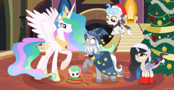 Size: 1024x527 | Tagged: safe, artist:velveagicsentryyt, derpibooru import, princess celestia, star swirl the bearded, oc, oc:asterism, oc:flosun pollen, oc:mysterilestia, changepony, hybrid, pony, christmas, christmas tree, hat, holiday, interspecies offspring, offspring, parent:discord, parent:princess celestia, parent:thorax, parents:dislestia, parents:thoralestia, santa hat, tree