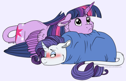 Size: 1136x733 | Tagged: safe, artist:arcticwaters, derpibooru import, rarity, twilight sparkle, twilight sparkle (alicorn), alicorn, pony, unicorn, blanket, blanket burrito, blushing, female, flushed face, leonine tail, lesbian, mare, one eye closed, rarilight, shipping, sick, tail