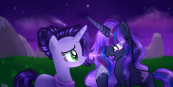 Size: 1773x899 | Tagged: safe, artist:gihhbloonde, derpibooru import, oc, oc only, alicorn, unicorn, alicorn oc, base used, clothes, duo, eyelashes, female, frown, hoof shoes, horn, night, outdoors, stars, unicorn oc, wings