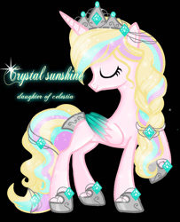 Size: 872x1076 | Tagged: safe, artist:gihhbloonde, derpibooru import, oc, oc only, oc:crystal sunshine, alicorn, pony, alicorn oc, base used, black background, braid, eyelashes, female, hoof shoes, horn, looking back, mare, offspring, parent:princess celestia, raised hoof, raised leg, simple background, smiling, wings