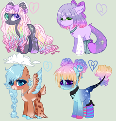 Size: 1418x1481 | Tagged: safe, artist:kyannepopys, derpibooru import, oc, oc only, earth pony, pegasus, pony, base used, blushing, bow, braid, clothes, colored wings, earth pony oc, eyelashes, gray background, hair bow, heterochromia, makeup, multicolored hair, pegasus oc, rainbow hair, simple background, smiling, socks, two toned wings, wings