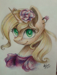 Size: 480x640 | Tagged: safe, artist:avonir, derpibooru import, oc, oc only, pony, unicorn, bust, clothes, ear piercing, earring, eyelashes, female, flower, flower in hair, horn, jewelry, mare, piercing, signature, smiling, solo, traditional art, unicorn oc
