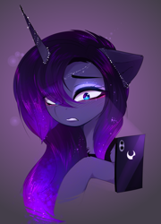 Size: 2550x3534 | Tagged: safe, artist:magnaluna, derpibooru import, princess luna, alicorn, pony, blushing, cellphone, female, mare, phone, simple background, smartphone, solo, this will end in unfollow
