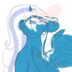 Size: 500x500 | Tagged: safe, artist:myrways, derpibooru import, oc, oc:fleurbelle, alicorn, alicorn oc, bow, female, golden eyes, hair bow, horn, mare, pondering, sketch, wings