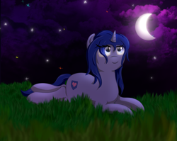 Size: 3000x2389 | Tagged: safe, artist:melody joy, derpibooru import, oc, oc:simetra, pony, unicorn, female, grass, looking up, lying down, moon, night, smiling, solo, stars