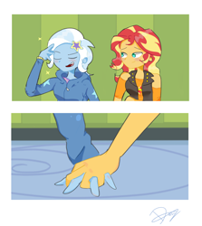 Size: 2314x2592 | Tagged: safe, artist:noahther, derpibooru import, sunset shimmer, trixie, human, equestria girls, blushing, clothes, embarrassed, eyes closed, female, fingers interlocked, hairpin, holding hands, hoodie, lesbian, looking at each other, looking at someone, open mouth, shipping, smiling, suntrix