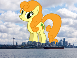 Size: 1400x1050 | Tagged: safe, artist:sirleandrea, derpibooru import, carrot top, golden harvest, earth pony, pony, female, giant pony, giant/macro earth pony, giantess, highrise ponies, irl, macro, mare, mega giant, photo, ponies in real life, seattle, washington