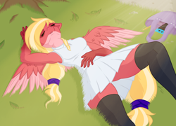 Size: 2500x1800 | Tagged: safe, artist:lumino010, derpibooru import, oc, oc only, anthro, pegasus, anthro oc, bag, clothes, day, dress, ears, eyelashes, eyes closed, female, floppy ears, grass, leaves, nintendo switch, outdoors, pegasus oc, solo, spread wings, sunlight, tree, wings