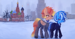 Size: 2148x1125 | Tagged: safe, artist:menalia, derpibooru import, oc, oc only, oc:freezy coldres, oc:shiny flames, pony, unicorn, city, clothes, female, gloves, horn, jacket, kremlin, lesbian, looking at each other, looking at someone, mare, moscow, pants, russia, shirt, shoes, smiling, snow, st. basil's cathedral, sweater, tree, wings, winter