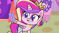 Size: 1920x1080 | Tagged: safe, derpibooru import, screencap, princess cadance, alicorn, pony, my little pony: pony life, what goes updo, spoiler:pony life s02e17, cellphone, phone, solo