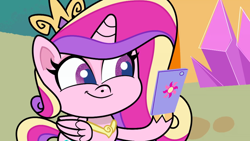 Size: 1920x1080 | Tagged: safe, derpibooru import, screencap, princess cadance, alicorn, pony, my little pony: pony life, what goes updo, spoiler:pony life s02e17, cellphone, grin, phone, smiling, smiling at something, solo