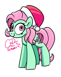 Size: 1280x1608 | Tagged: safe, artist:coaldustthestrange, derpibooru import, minty, earth pony, pony, 2021, christmas, female, green coat, hat, hearth's warming, holiday, mare, pink eyes, pink mane, santa hat, signature, simple background, solo