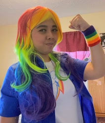 Size: 1080x1265 | Tagged: safe, artist:aqoursplay, derpibooru import, rainbow dash, human, equestria girls, clothes, cosplay, costume, cutie mark on clothes, irl, irl human, multicolored hair, photo, rainbow hair, solo