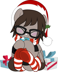 Size: 4021x5000 | Tagged: safe, artist:jhayarr23, derpibooru import, pegasus, pony, chocolate, christmas, clothes, commission, drink, eyes closed, folded wings, food, glasses, happy, hat, holiday, hoof hold, hot chocolate, male, mikey way, mug, my chemical romance, ponified, present, santa hat, scarf, simple background, sitting, socks, solo, stallion, striped socks, transparent background, underhoof, wings, wristband, ych result