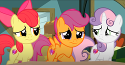 Size: 1264x657 | Tagged: safe, derpibooru import, screencap, apple bloom, scootaloo, sweetie belle, earth pony, pegasus, unicorn, the last crusade, cropped, cute, cutie mark crusaders, female, filly, foal, sad, sadorable, solo