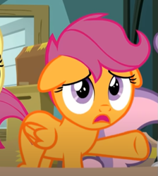 Size: 523x585 | Tagged: safe, derpibooru import, screencap, scootaloo, pegasus, season 9, the last crusade, spoiler:s09, cropped, cute, ears, female, filly, floppy ears, foal, sad, sadorable, solo