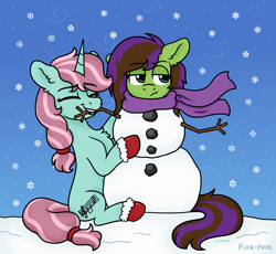 Size: 1500x1380 | Tagged: safe, artist:pink-pone, derpibooru import, oc, oc only, pony, unicorn, clothes, female, mare, scarf, snow, snowman