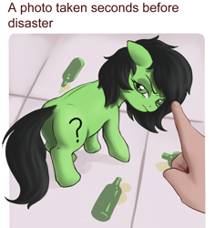 Size: 3775x4000 | Tagged: safe, artist:crade, oc, oc:anon filly, earth pony, human, pony, angry, beer bottle, female, filly, finger, foal, imminent boop, offscreen character