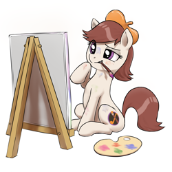 Size: 3600x3600 | Tagged: safe, artist:crade, oc, oc only, oc:ausdruck, earth pony, pony, artist, brush, easel, female, mare, mouth hold, paint on fur, palette, raised hoof, raised leg, simple background, sitting, solo, white background