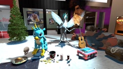 Size: 1920x1080 | Tagged: safe, artist:horsesplease, gallus, alicorn, classical unicorn, griffon, horse, unicorn, 3d, bipedal, briefcase, christmas, christmas tree, cloven hooves, drunk, fire, gallus the rooster, gallusposting, gmod, guitar, hoers mask, holiday, kfc, leonine tail, looking at you, mask, mudsdale, musical instrument, pokémon, random, surreal, tree, unshorn fetlocks, wings