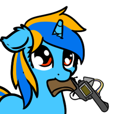 Size: 318x295 | Tagged: safe, artist:neuro, oc, oc only, oc:wapa viddter, pony, unicorn, cute, ears, female, floppy ears, mare, mouth hold, simple background, solo, toolgun, transparent background