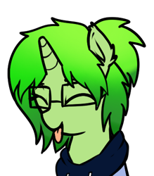 Size: 367x418 | Tagged: safe, artist:neuro, oc, oc only, oc:bitter pill, pony, unicorn, clothes, eyes closed, female, glasses, hoodie, horn, mare, simple background, solo, tongue, tongue out, transparent background, unicorn oc
