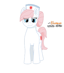 Size: 1400x1600 | Tagged: safe, artist:bloonacorn, ponerpics import, nurse redheart, earth pony, pony, blue eyes, ear fluff, ears, female, looking at you, mare, nurse, nurse hat, pink mane, pink tail, simple background, smiling, solo, transparent background, white coat