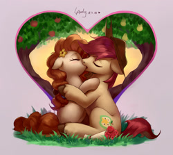 Size: 1910x1700 | Tagged: safe, artist:luciferamon, derpibooru import, bright mac, pear butter, earth pony, pony, apple tree, blushing, brightbutter, couple, ears, eyes closed, feels, female, floppy ears, flower, holiday, intertwined trees, kissing, male, mare, pear tree, rose, shipping, stallion, straight, tree, valentine's day