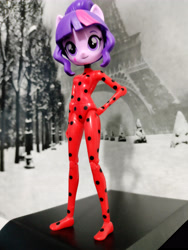 Size: 3472x4624 | Tagged: safe, derpibooru import, twilight sparkle, equestria girls, absurd resolution, custom, doll, eiffel tower, equestria girls minis, female, grayscale background, hand on hip, irl, irl photo, miraculous ladybug, photo, smiling, solo, toy