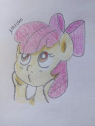 Size: 1536x2048 | Tagged: safe, artist:narukoart, derpibooru import, apple bloom, earth pony, pony, female, filly, foal, hoof on cheek, solo, traditional art