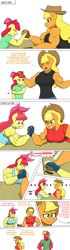 Size: 857x3072 | Tagged: safe, artist:matchstickman, derpibooru import, apple bloom, applejack, big macintosh, anthro, earth pony, ..., abs, angry, apple bloom's bow, apple bloomed, apple brawn, apple siblings, apple sisters, applejack's hat, applejacked, applerack, arm wrestling, biceps, bow, breasts, brother and sister, clothes, comic, cowboy hat, deltoids, dialogue, ears, eyes closed, female, fingerless gloves, floppy ears, gloves, great macintosh, gritted teeth, hair bow, hand on head, hat, jealous, looking at each other, looking at someone, male, mare, matchstickman's apple brawn series, midriff, muscles, muscular female, muscular male, pecs, shirt, siblings, simple background, sisters, speech bubble, stallion, sweat, sweatdrop, table, trio, tumblr comic, tumblr:where the apple blossoms, white background