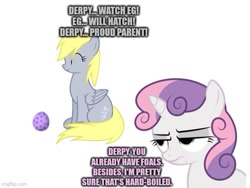 Size: 577x433 | Tagged: safe, derpibooru import, derpy hooves, sweetie belle, pegasus, unicorn, egg, female, filly, foal, implied temmie, simple background, undertale, video game reference