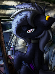 Size: 5000x6731 | Tagged: safe, artist:kranonetwork, derpibooru import, oc, oc:nocturne vision, bat pony, pony, amulet, crate, ear piercing, earring, forest, jewelry, piercing, sitting, solo, table, tent