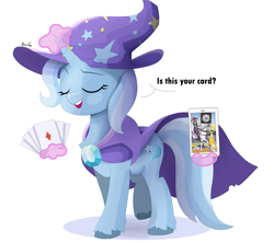 Size: 1800x1600 | Tagged: safe, artist:biocrine, derpibooru import, trixie, pony, unicorn, cape, card, clothes, hat, magic, magic aura, simple background, solo, tarot card, trixie's cape, trixie's hat, white background