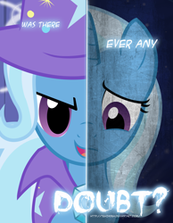 Size: 2158x2780 | Tagged: safe, artist:tehjadeh, derpibooru import, trixie, pony, unicorn, cape, clothes, female, hat, mare, sad, solo, trixie's cape, trixie's hat, two sided posters