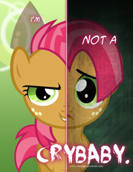 Size: 2158x2780 | Tagged: safe, artist:tehjadeh, derpibooru import, babs seed, earth pony, pony, dual persona, female, filly, foal, freckles, sad, solo, two sided posters, two sides