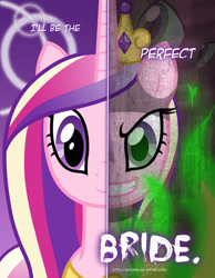 Size: 2158x2780 | Tagged: safe, artist:tehjadeh, derpibooru import, princess cadance, queen chrysalis, alicorn, changeling, pony, burning, crown, disguise, disguised changeling, evil grin, fake cadance, female, grin, jewelry, mare, poster, regalia, smiling, solo, two sided posters
