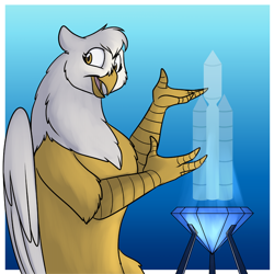 Size: 1000x1000 | Tagged: safe, artist:foxenawolf, derpibooru import, oc, oc only, oc:lucida path, hippogriff, fanfic:life love and death in the house of path, beak, crystal, fanfic art, hologram, solo, wings